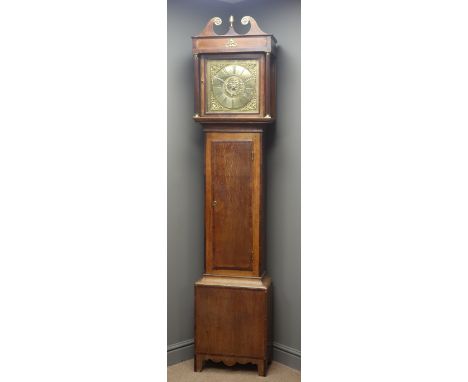 Late 18th century oak and mahogany banded longcase clock, squared hood with fluted column supports and swan neck pediment, sq