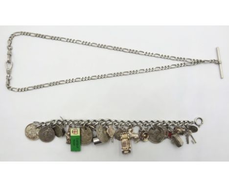 Silver charm bracelet hallmarked and silver figaro T bar Albert chain chain stamped 925 Condition Report Click here for furth