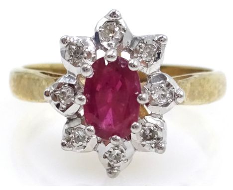 Ruby and diamond gold cluster ring hallmarked 9ct Condition Report Size M-N, approx 3gmClick here for further images, conditi