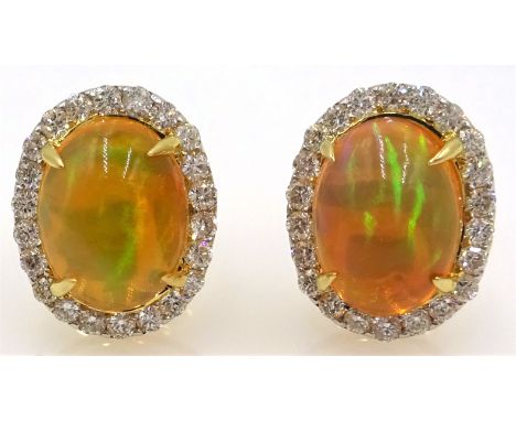 Pair of fire opal and round brilliant cut diamond gold (tested 18ct) stud ear-rings, opals 2.8 carat, diamonds 0.65 carat Con