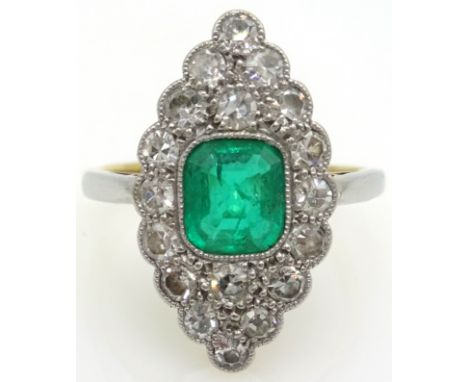 Early 20th century gold emerald and diamond ring, marquise setting, 18ct.Pt Condition Report Size K - LClick here for further