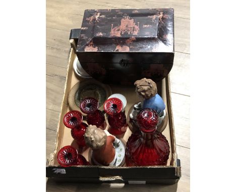 BOX LOT WHICH INCLUDES WOODEN ORIENTAL JEWELLERY BOX AND RUBY GLASS DECANTER AND DRINKING GLASSES ETC