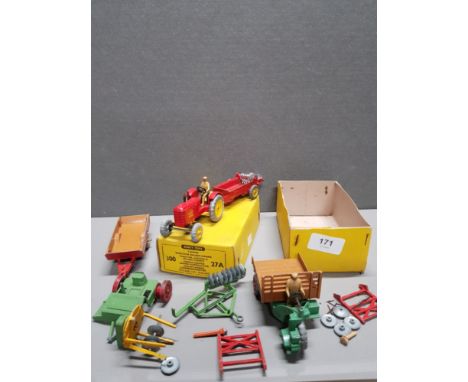 DINKY TOYS INC MOTOCART MASSEY HARRIS WITH MASSEY HARRIS TRACTOR BOX 27A ETC