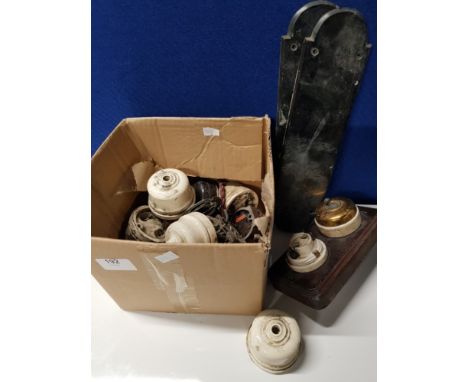 BOX OF VINTAGE PORCELAIN LIGHT CORD HOUSINGS ETC