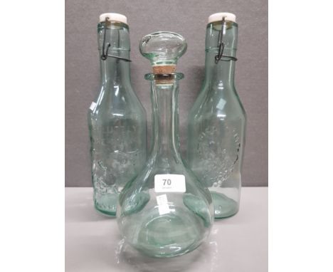 VINTAGE EMBOSSED GLASS JUICE BOTTLE AND MILK BOTTLE PLUS GLASS CARAFE AND STOPPER