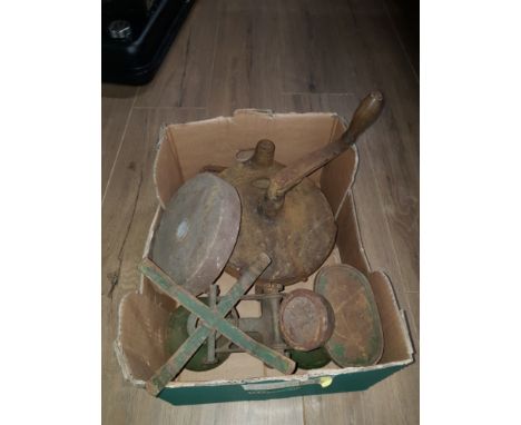 A BOX CONTAINING HAND GRINDER AND SCALES