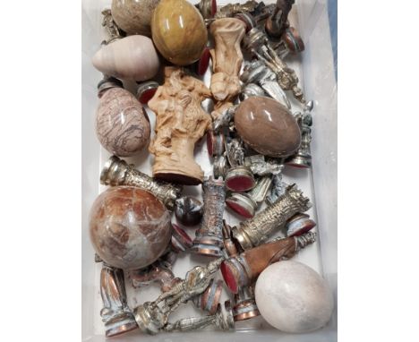 BOX LOT THAT INCLUDES OLD CHESS PIECES AND MARBLE EGGS