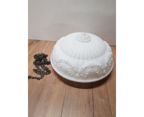 VINTAGE OPAQUE WHITE FIGURED CEILING LIGHT SHADE AND CHAINS