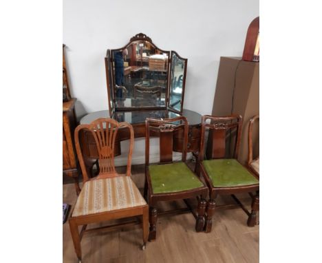 VINTAGE KIDNEY SHADED DRESSING TABLE TOGETHER WITH 2 GEORGIAN DINING CHAIRS AND 2 OTHERS