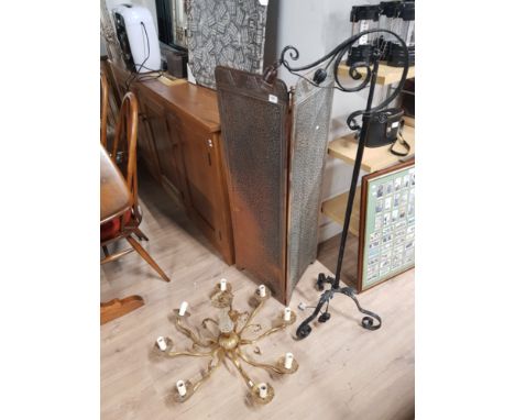 WROUGHT IRON STANDARD ADJUSTABLE LAMP AND BEATEN STEEL 2 LEAF SCREEN AND GILT BRANCHED CHANDELIER