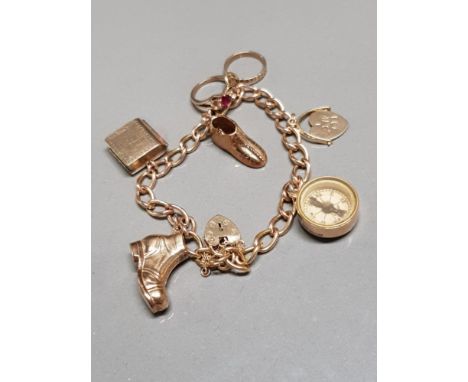 FULLY HALLMARKED 9CT CHARM BRACELET WITH LOCK AND 6 HALLMARKED CHARMS INCLUDING WORKING COMPASS 20.48G