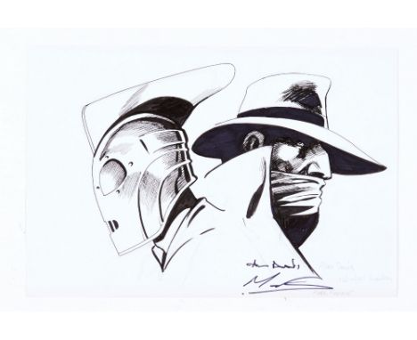 Rocketeer and Shadow original sketch (2011 London) drawn and signed by Alan Davis and Mark Farmer. Black marker pen on paper 