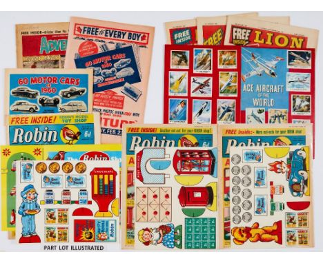 1960s Comics with free gifts. Adventure 1832 (1960) wfg 60 Motor Cars of 1960 and 4pg Flyer, Lion 19 Jan- 9 Feb 1963. 4 issue
