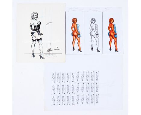 Howard Chaykin signed original sketch on card (2014) of a lady in her underwear (with some clear tape additions). With separa