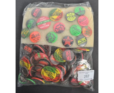 A large collection of original vintage Punk / Rock related music band pin badges - including AC/DC ' Back In Black ', Nightnu