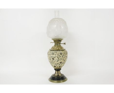 A German stoneware bodied oil lamp, with a Hinks & Sons patent, burner, flu, and shade