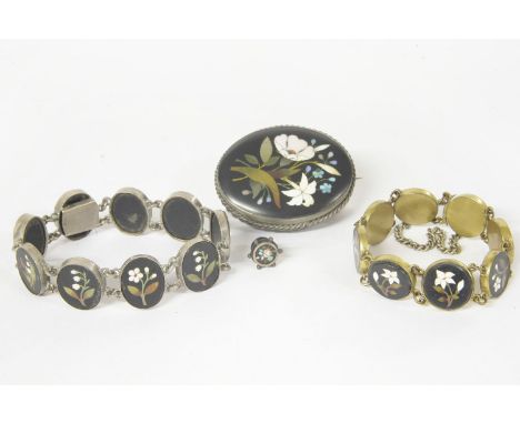 A Victorian Pietra Dura oval brooch in silver mount, and two Victorian Pietra Dura bracelets, including one with nine oval pa