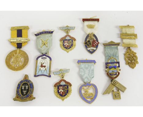 A collection of Masonic regalia, to include a silver enamel Joseph Moffett Lodge badge, a silver Welwyn Garden badge, and oth