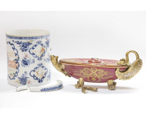 A Burgundy ground lamp form inkstand, and a Chinese export mug, both broken