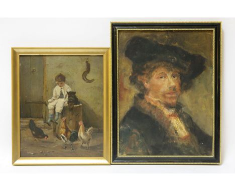 A 20th century portrait of a boy feeding chickens, oil on canvas, 32 x 26cm, and a portrait after Rembrandt, 39 x 29cm