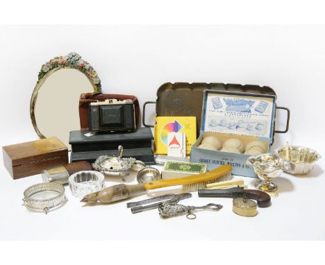 A small Flintlock type pistol, together with a number of collectables, to include carved bone items, a camera, tennis balls, 