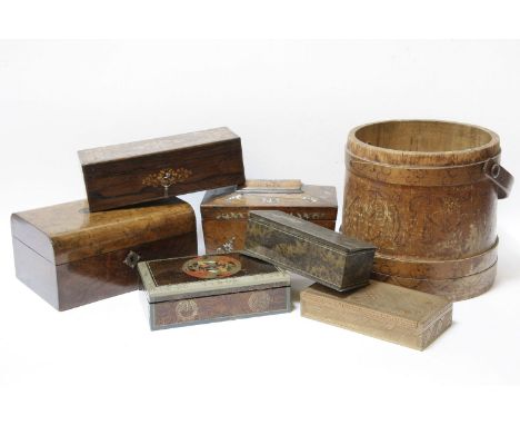 A rosewood tea caddy, and a collection of boxes