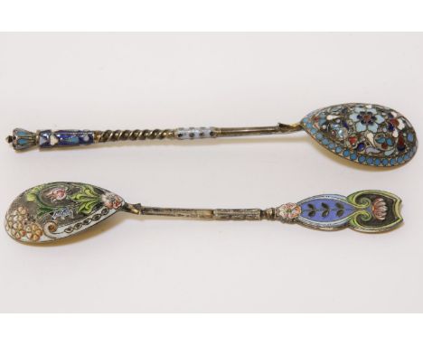Two early 20th century Russian silver and enamel spoons