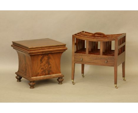 A Victorian mahogany box commode the interior now with a lift out tray, and a reproduction mahogany Canterbury