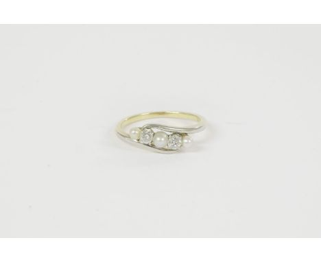 A gold five stone diamond and seed pearl cross ring, tested as approximately 18ct, size H1.99g