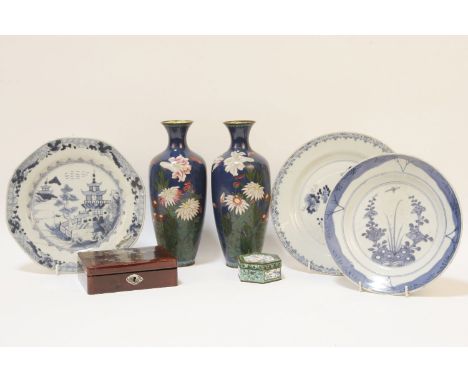A pair of early 20th century cloisonné vases, the blue ground with floral decoration, three 19th century Chinese blue and whi