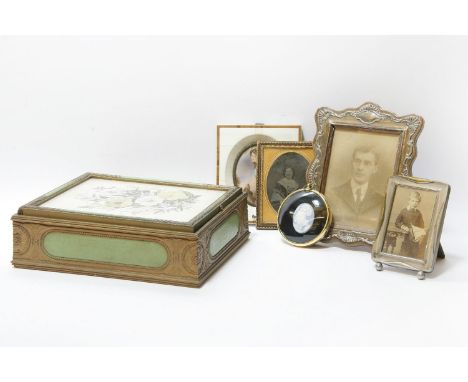 A modern miniature portrait of a classical maiden, together with further frames, to include silver, a jewellery box, etc