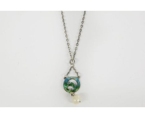 An Art Nouveau blue and green enamel drop pendant necklace, with later suspended cultured freshwater pearl