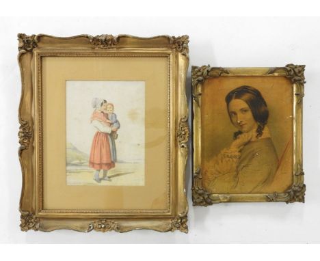 A 19th century Continental watercolour portrait of a mother, signed adelacoix, 20 x 15cm, and a print of a lady