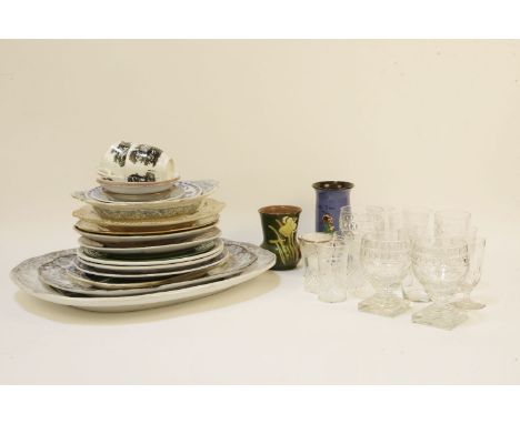 A collection of 19th century ceramics and glassware, to include three Georgian wine glasses with square bases, tumblers, meat