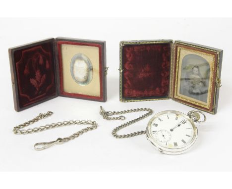 Two Victorian crystoleum, both leather cased and lined in red velvet, including one of a young girl and a silver pocket watch