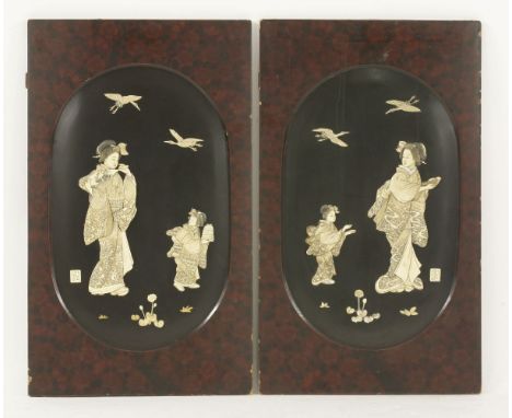 A pair of black-lacquered panels, c.1880, onlaid with carved bone, mother-of-pearl and ivory bijin and attendants, Manchurian