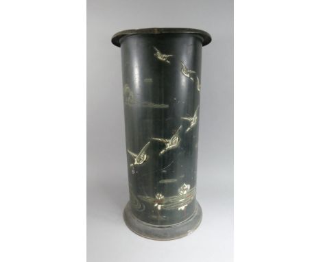 A Nice Quality Turn of the Century Painted Tin Stick Stand Depicting Geese over Lily Pond on Black Ground. 56cms High