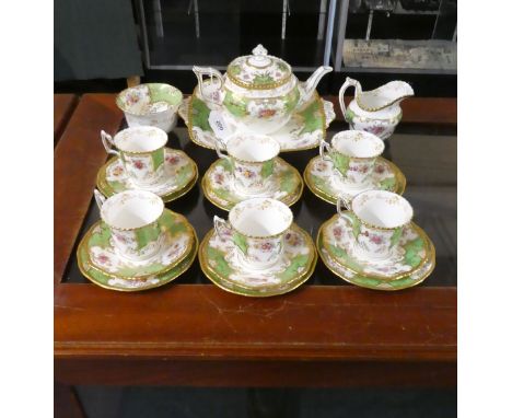 A Coalport Green Batwing Tea Service Comprising Six Trios, Teapot, Sugar and Cream Jug, Bread and Butter Plate.