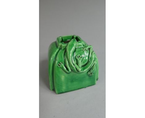 A Small Green Glazed Oriental Ceramic Brush Pot, Decorated with Applied Lizard and Embossed Mark to Base