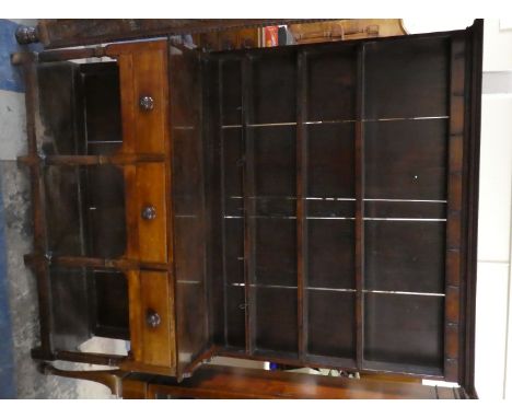 A 19th Century Small Oak Three Drawer Dresser with Turned Supports and Pot Board Base Shelf, Raised Three Shelf Plate Rack wi