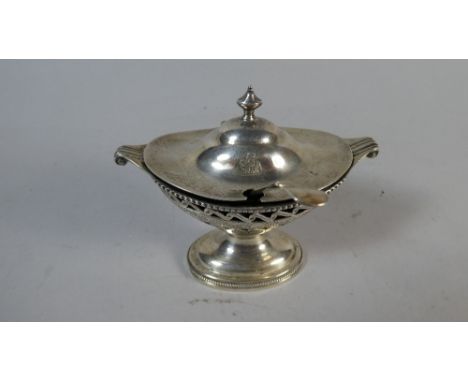 A Silver Boat Shaped Mustard on Turned Ovoid Foot with Scrolled Handles and Shaped Finial. Elephant Armoral, Birmingham Hallm