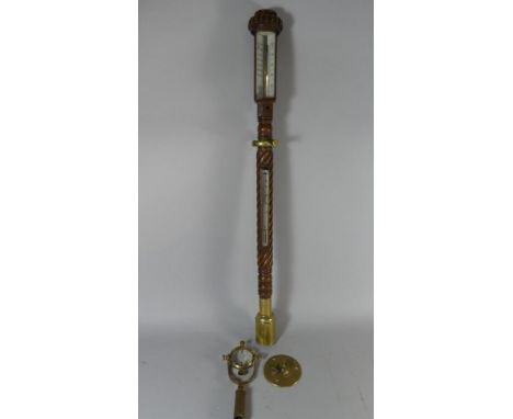 A 19th Century Brass Mounted and Gimballed Naval Stick Barometer by T Hemsley, Tower Hill, front Angled Scale with Vernier an