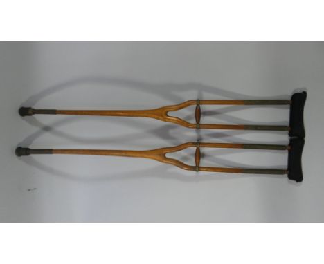A Pair of Vintage Brass Mounted Turned Wooden Crutches, 130cm Long