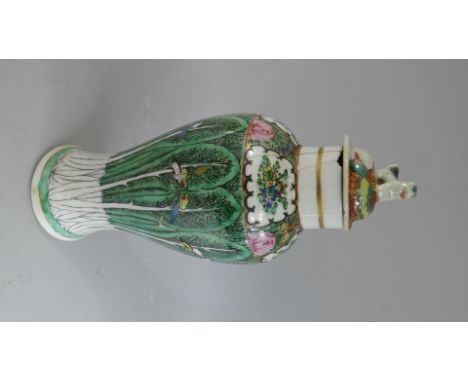 A Chinese Famille Vert Baluster Vase with Foo Dog Finial Lid decorated with Butterfly and Foliate Design, 16cms High