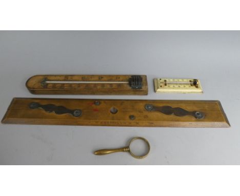 Four 19th Century Instruments: A Negretti and Zambra Boxwood Parallel, a Boxwood Thermometer, a Brass Magnifying Glass, and a