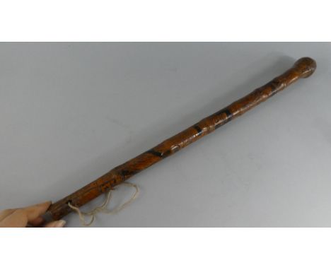 A Chinese Carved Bamboo Root Military Cane or Ceremonial Stick of Short Proportions. Carved with Warriors. 57cms Long 