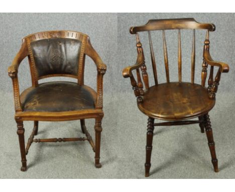 A carved oak armchair and a 19th century stick back armchair. H.83cm. 