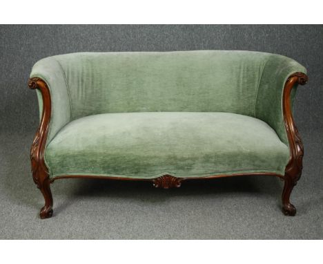 Sofa, mid 19th century carved mahogany canape style two seater on cabriole supports. H.73 W.136 D.70cm. 