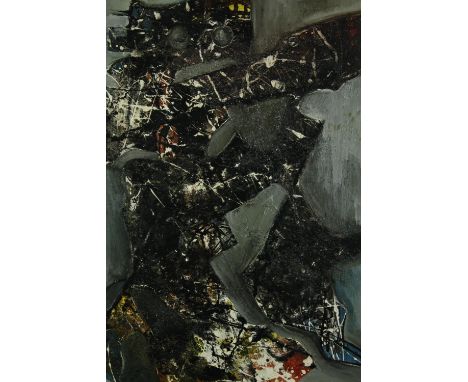 Oil on panel, mid century abstract composition, indistinctly signed and dated. H.56 W.46cm. 