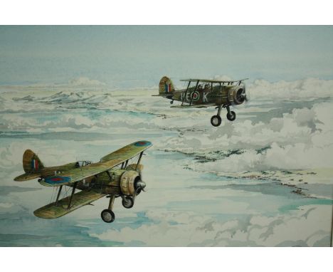 John Howell (B.1936), watercolour, Gloster Gladiators, signed with label to the reverse, framed and glazed. H.45 W.63cm. 